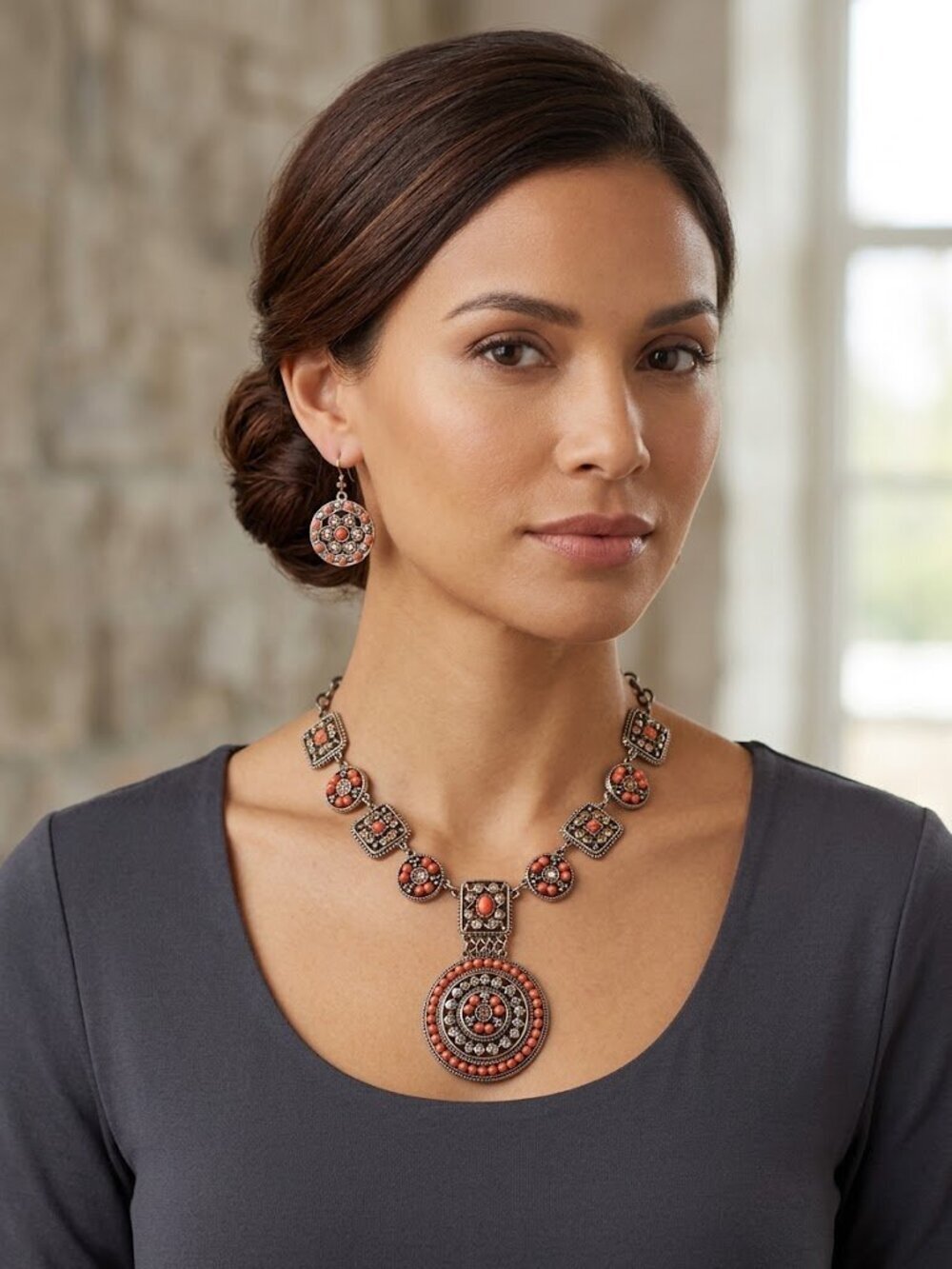 Vintage Boho Coral Statement Necklace and Earring Set